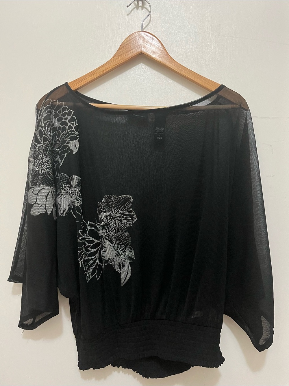 Sheer Floral Batwing Top - Black & Silver